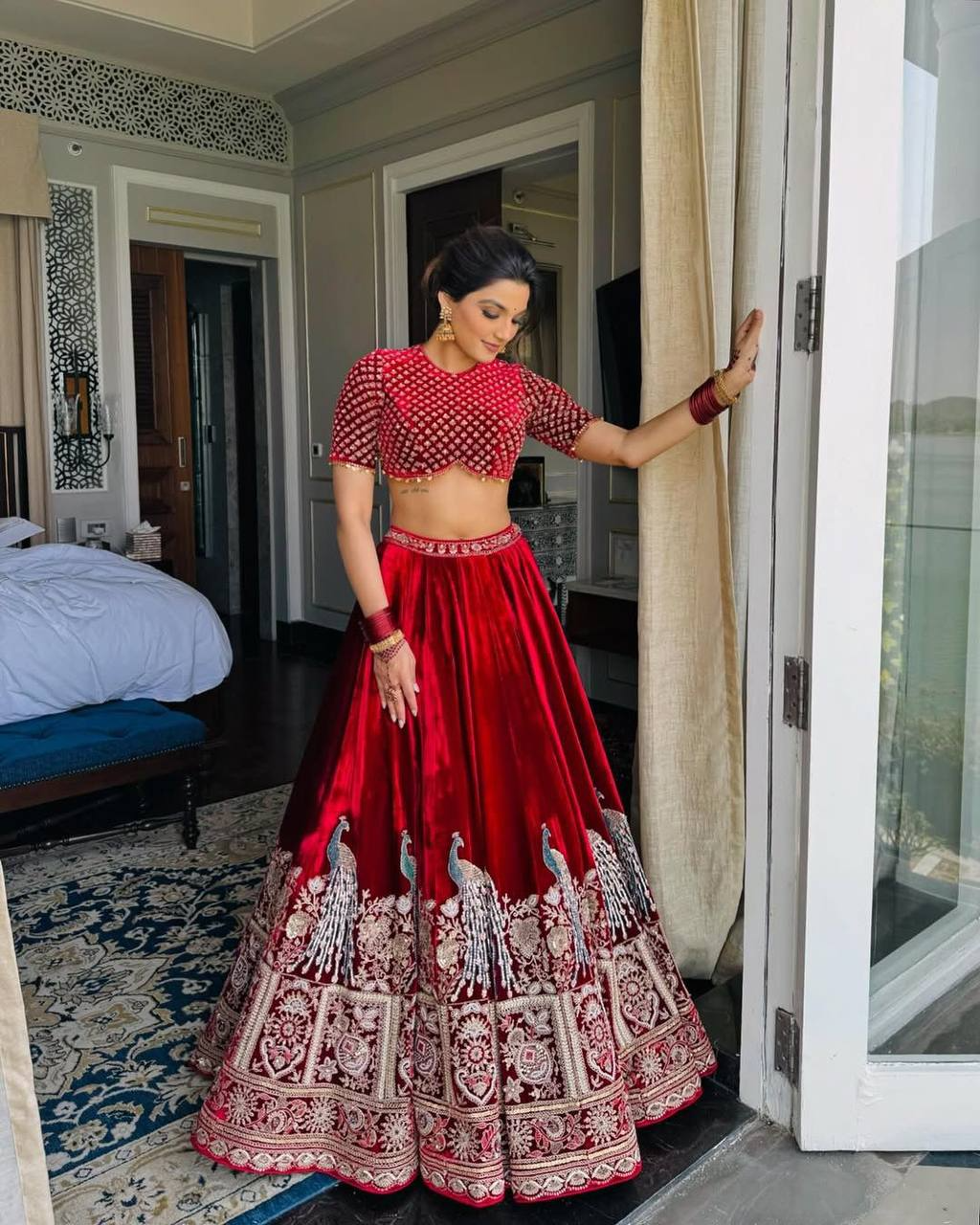 Red Velvet Coding Sequence Embroidered Work Lehenga Choli With Dupatta Launch