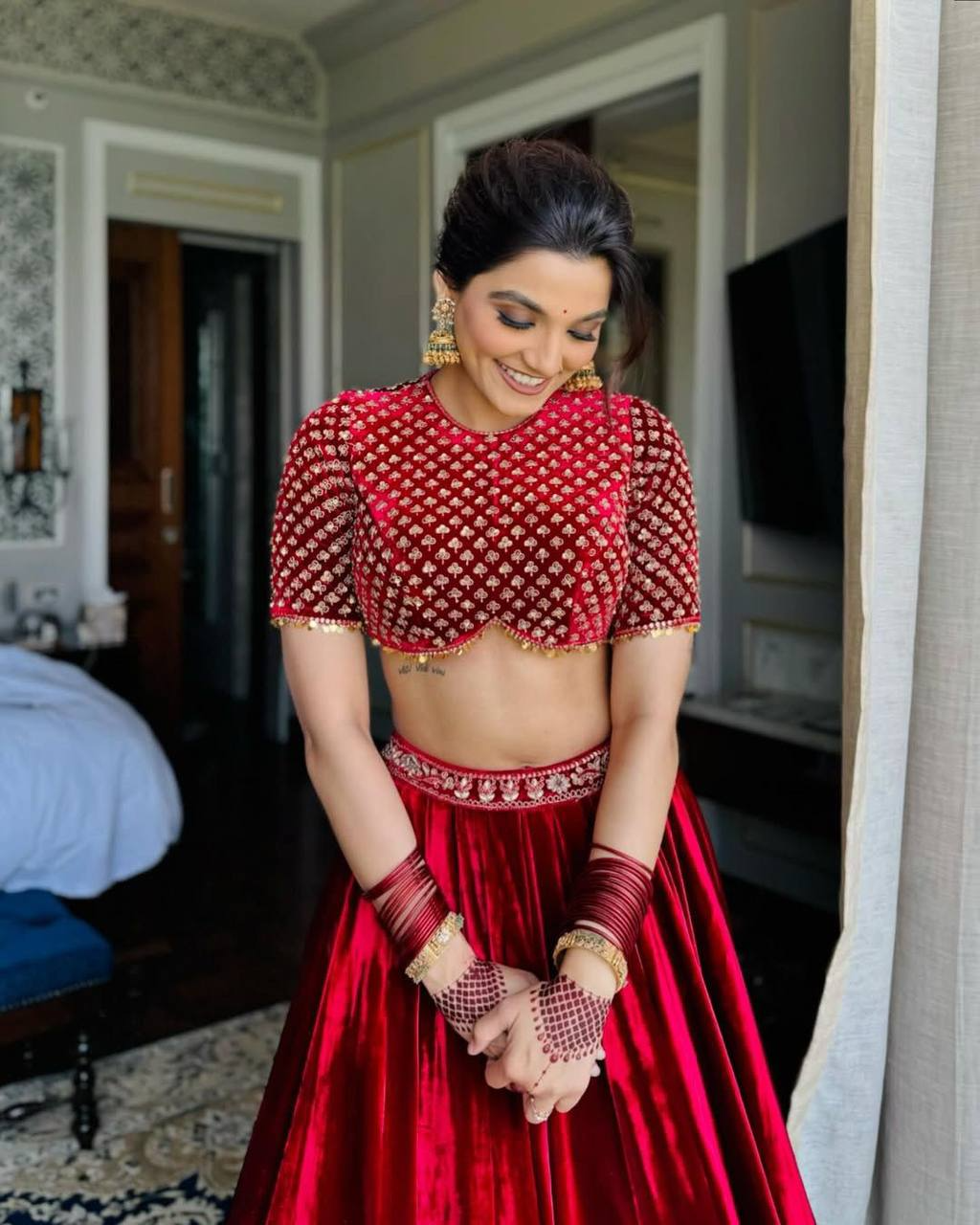 Red Velvet Coding Sequence Embroidered Work Lehenga Choli With Dupatta Launch