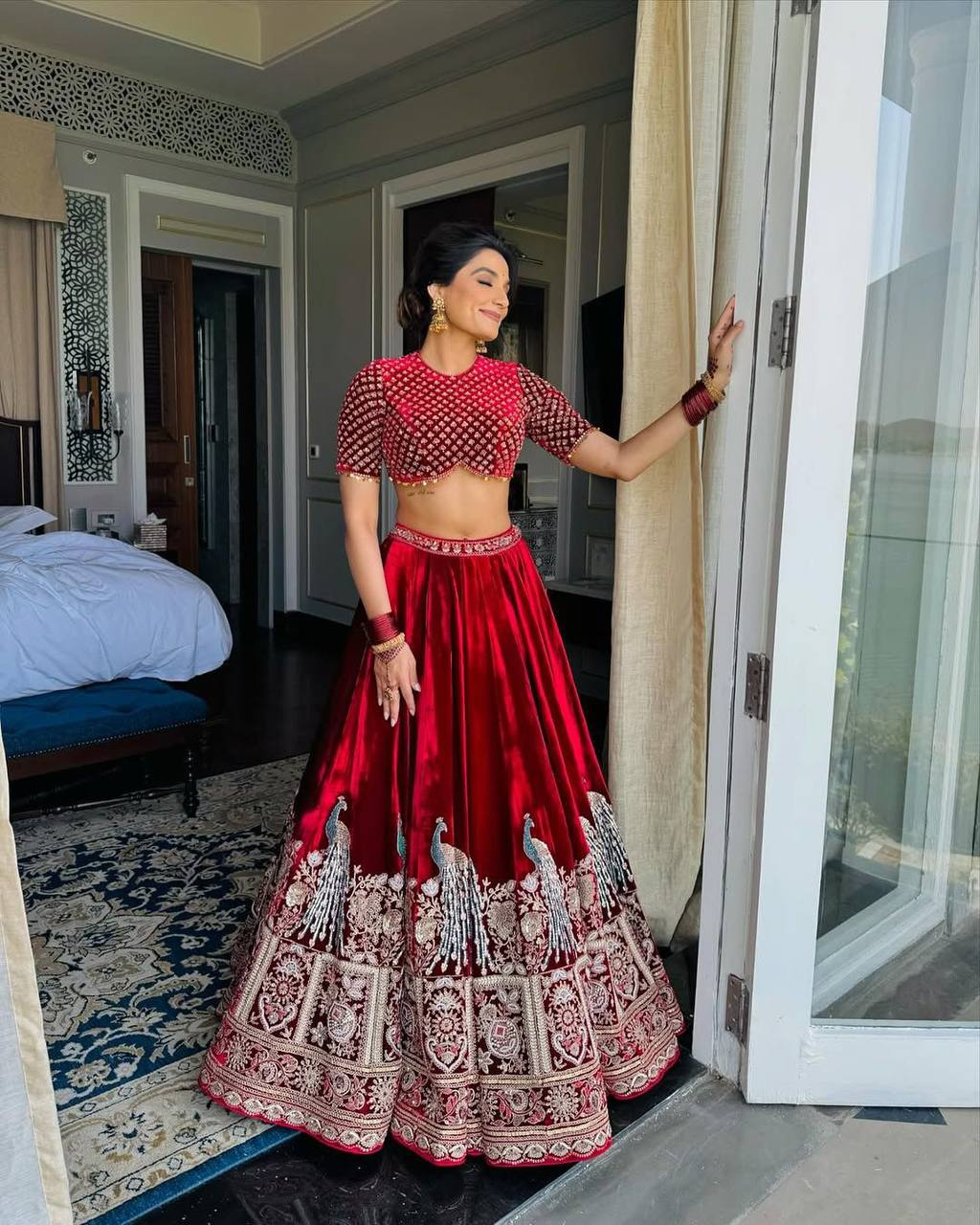 Red Velvet Coding Sequence Embroidered Work Lehenga Choli With Dupatta Launch