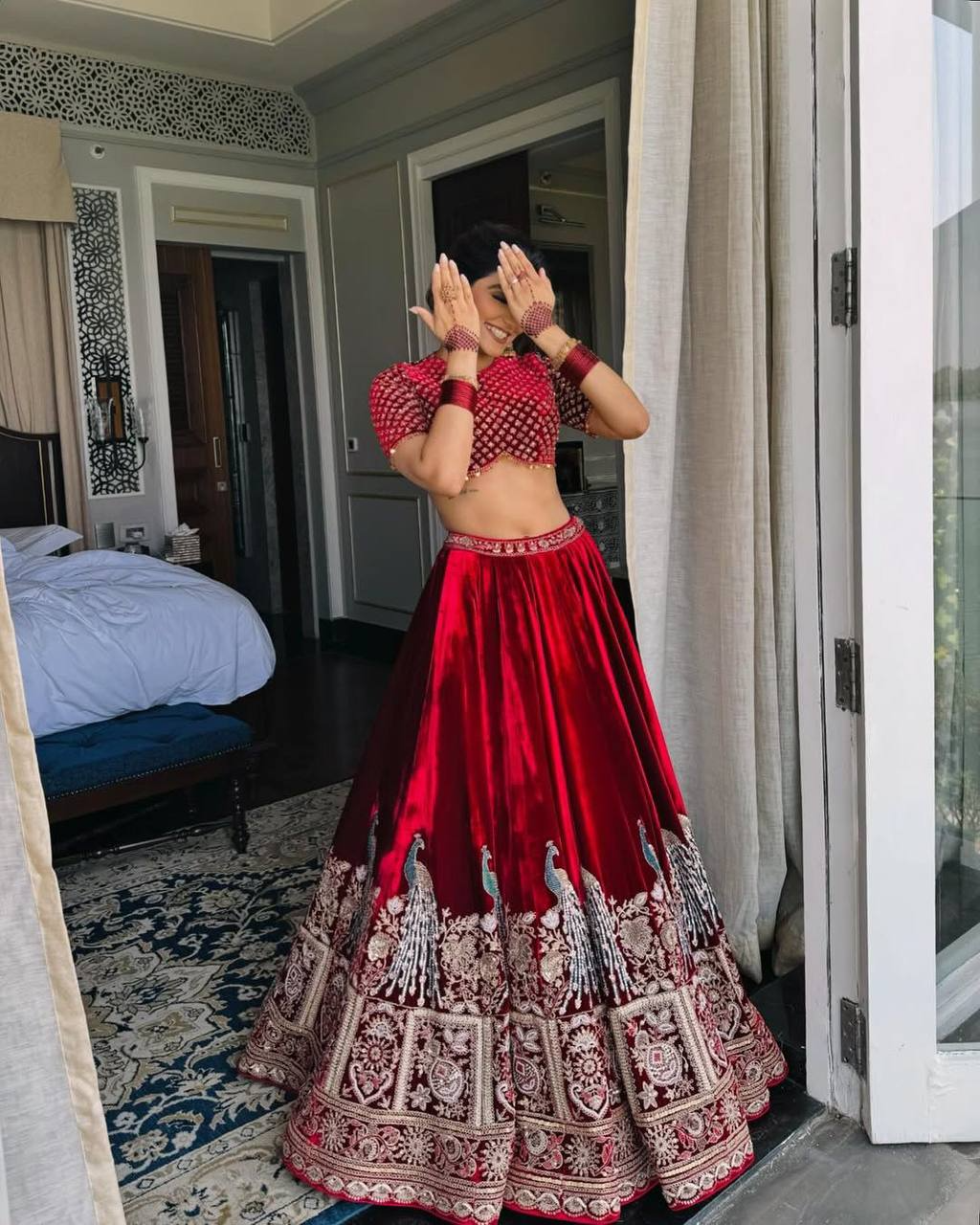 Red Velvet Coding Sequence Embroidered Work Lehenga Choli With Dupatta Launch
