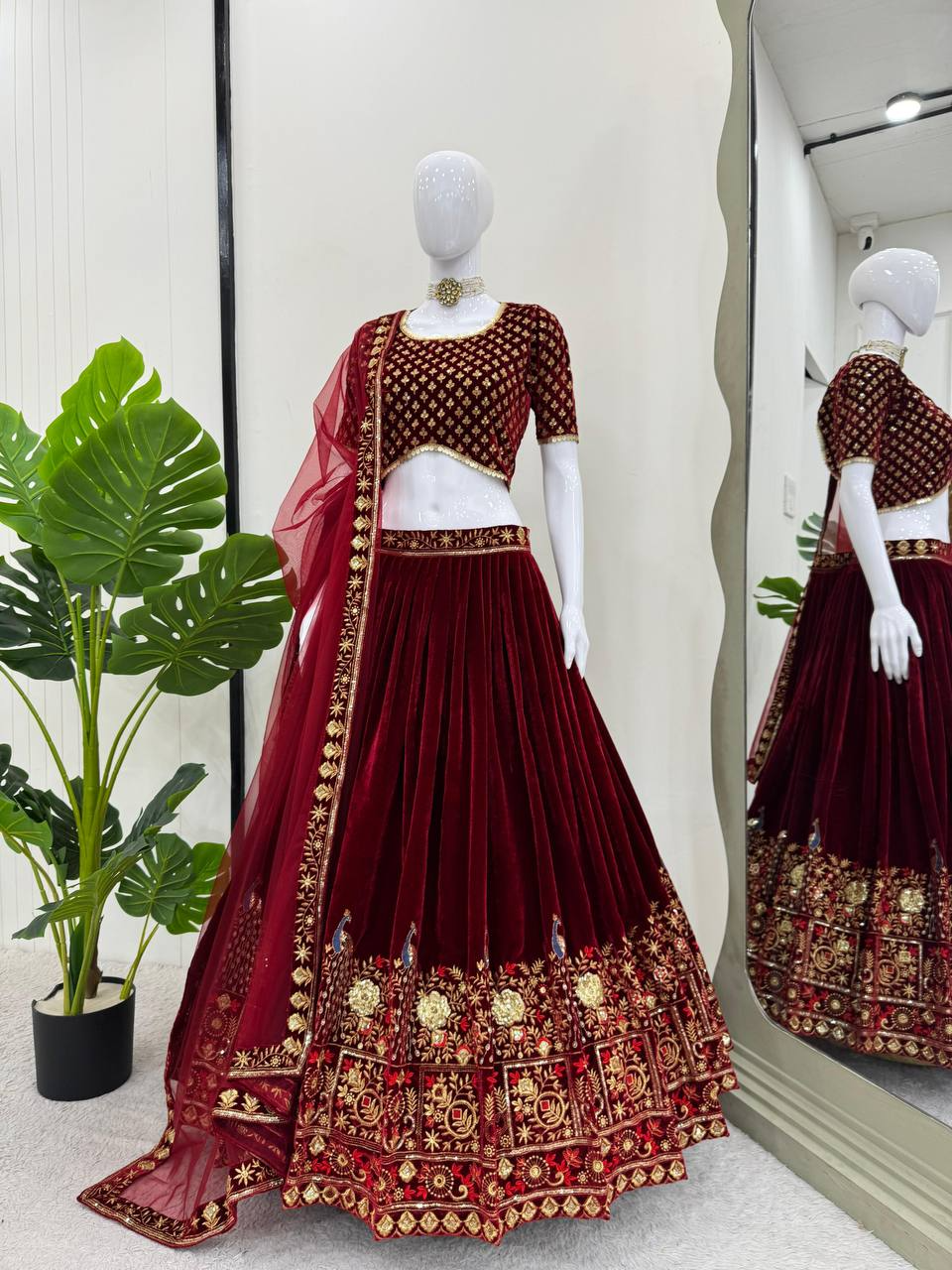 Red Velvet Coding Sequence Embroidered Work Lehenga Choli With Dupatta Launch