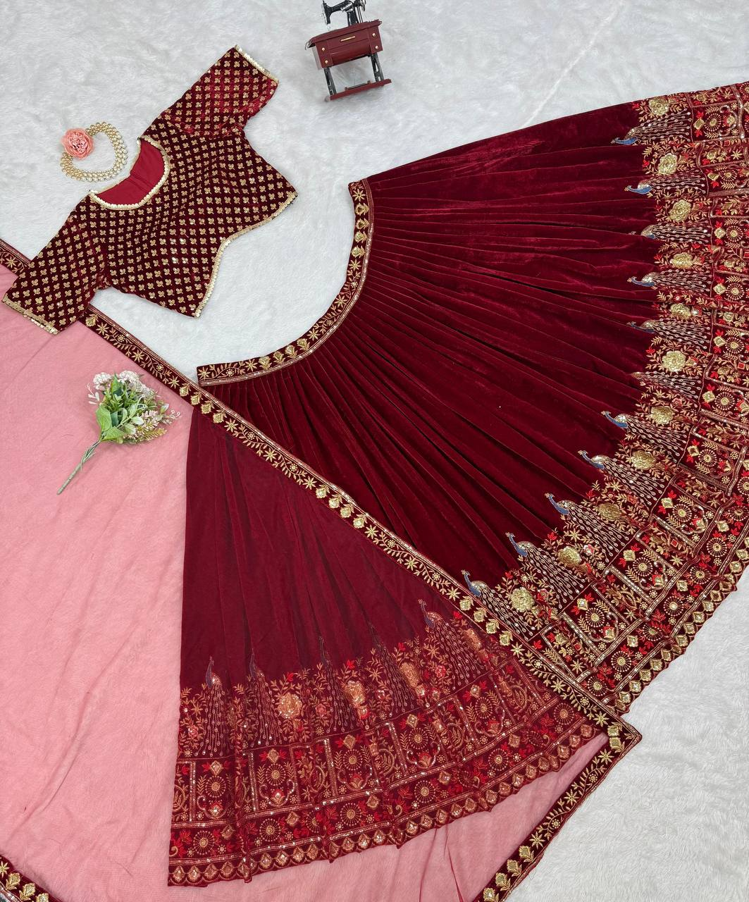 Red Velvet Coding Sequence Embroidered Work Lehenga Choli With Dupatta Launch