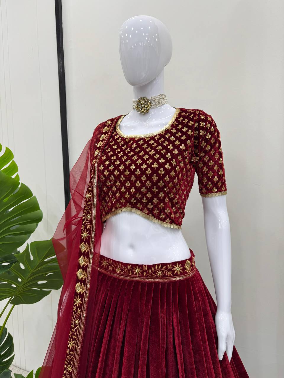 Red Velvet Coding Sequence Embroidered Work Lehenga Choli With Dupatta Launch