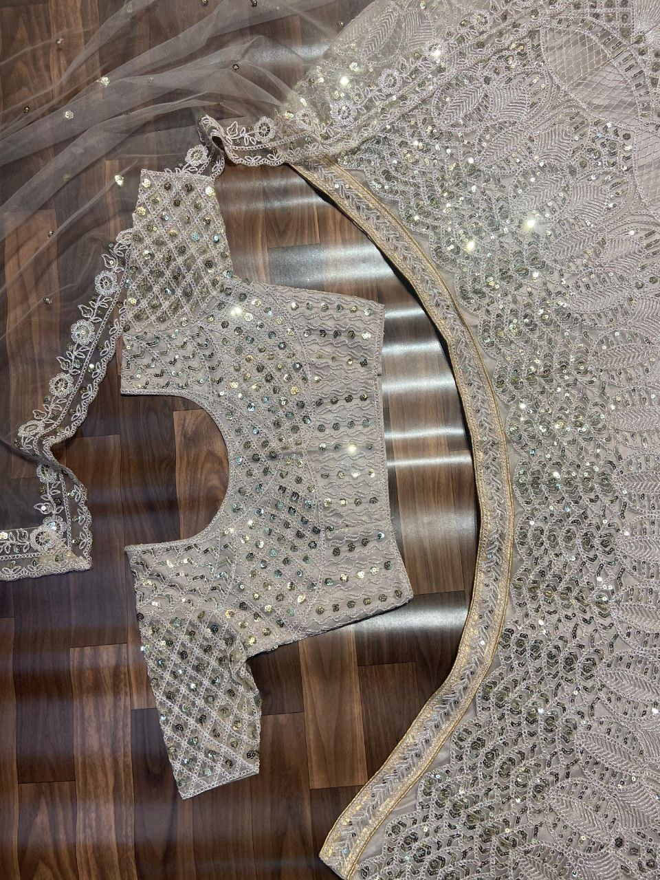 Lavender Hand-embroidered On Tissue Fabric With Crystals, Cutdana, Sequin, Thread, Beads Detailing Lehenga