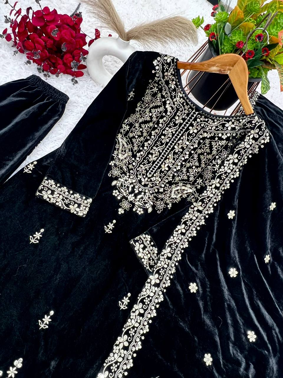 Viscose Velvet Embroidered Sequence Work Kurta Pant & Dupatta - Party Wear