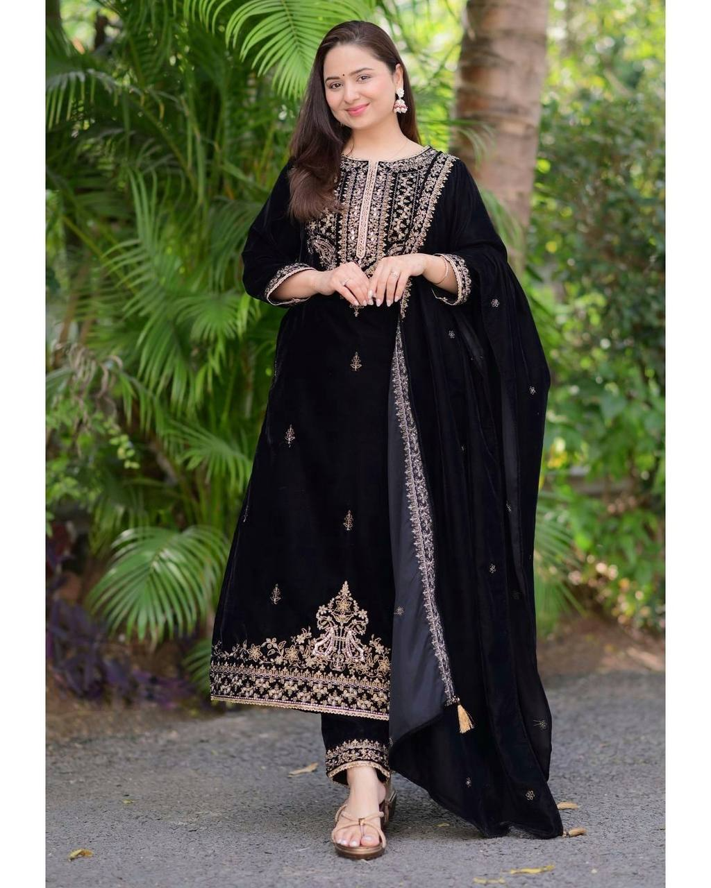 Viscose Velvet Embroidered Sequence Work Kurta Pant & Dupatta - Party Wear