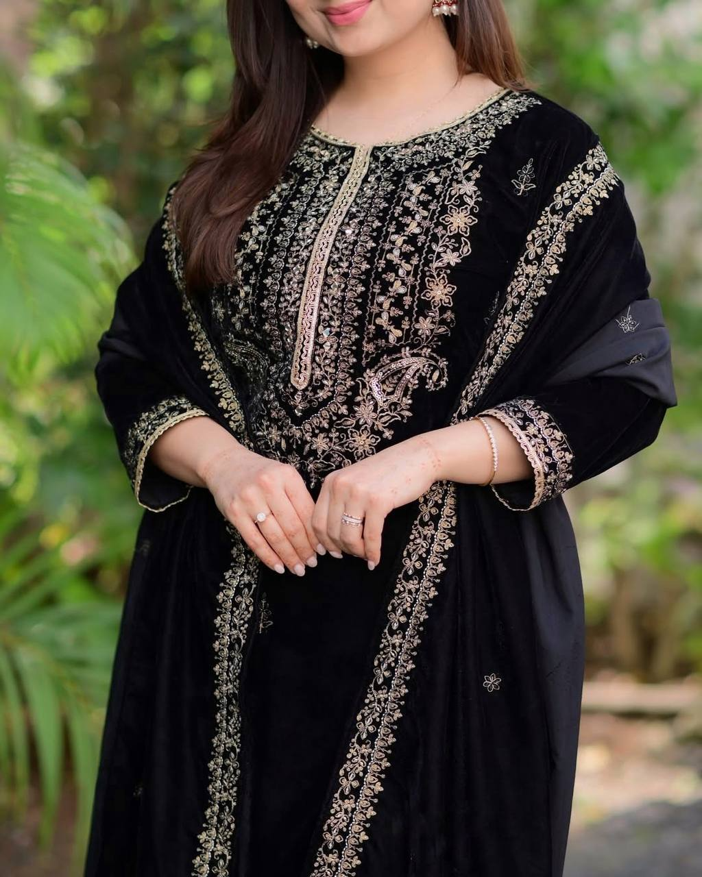 Viscose Velvet Embroidered Sequence Work Kurta Pant & Dupatta - Party Wear