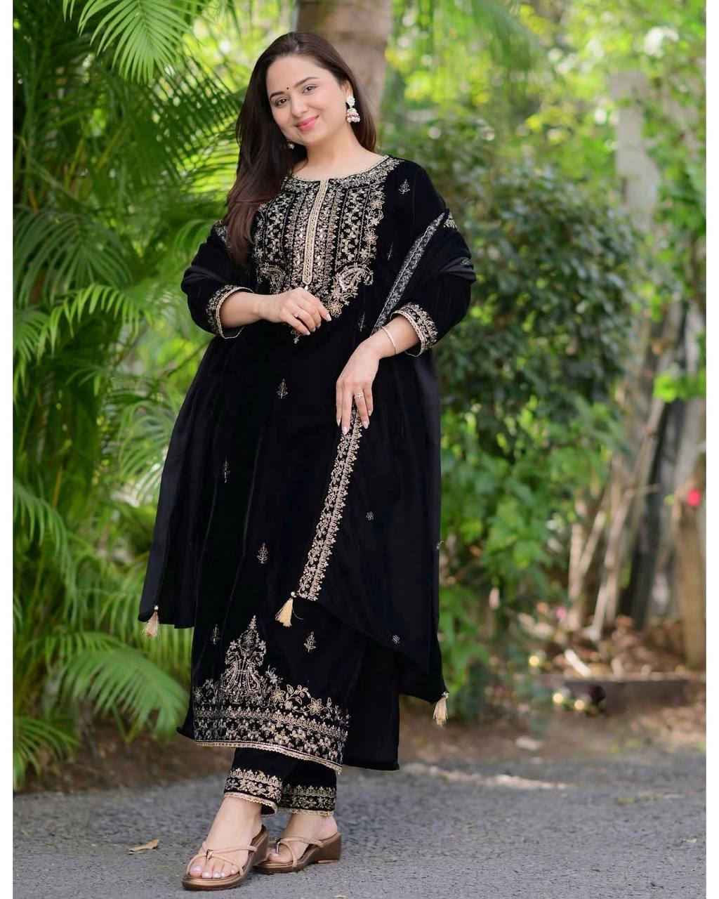Viscose Velvet Embroidered Sequence Work Kurta Pant & Dupatta - Party Wear