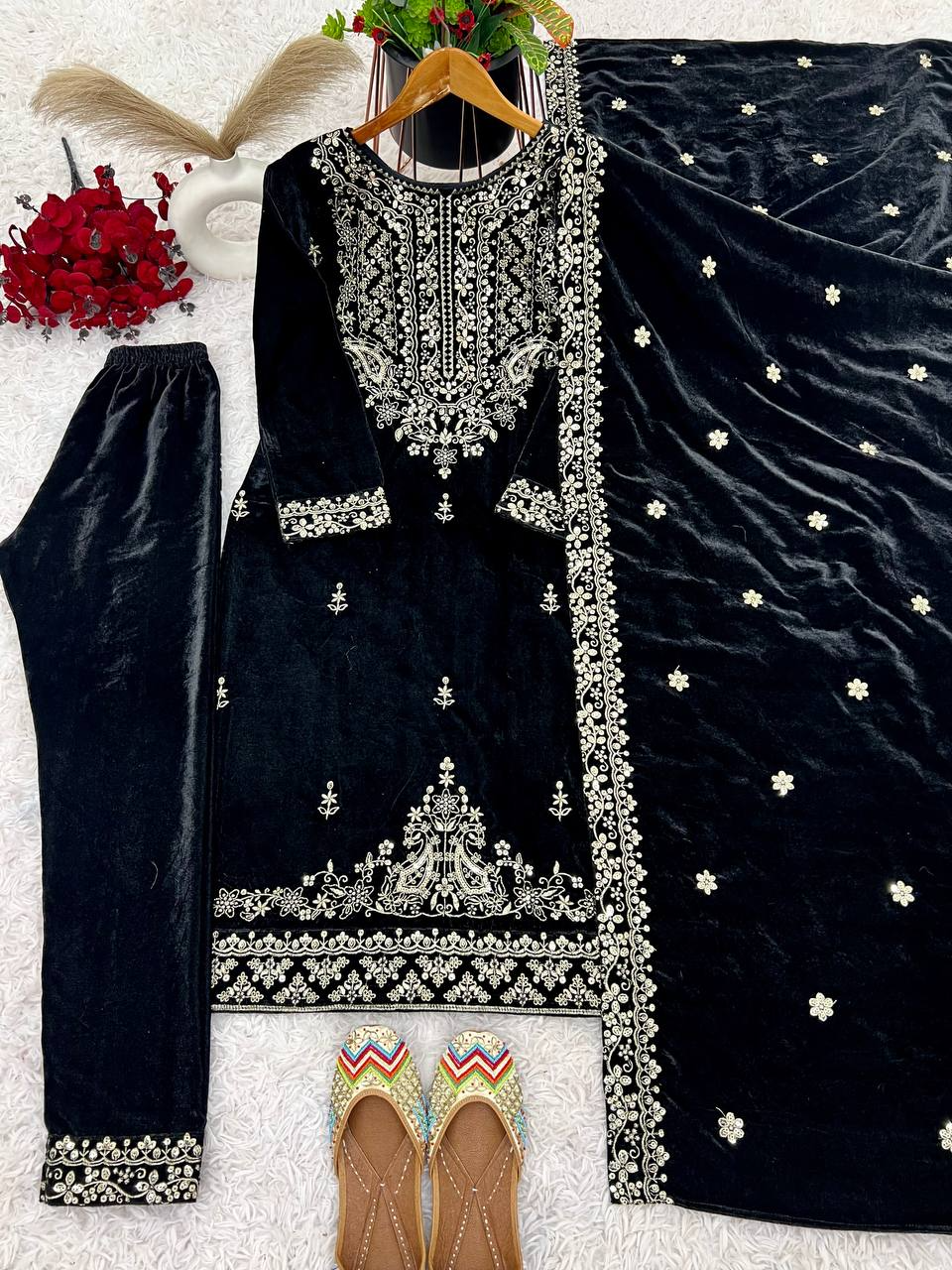 Viscose Velvet Embroidered Sequence Work Kurta Pant & Dupatta - Party Wear