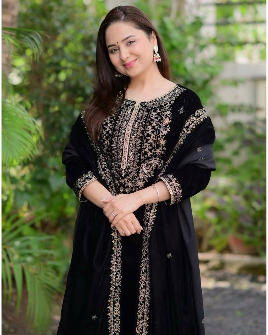 Viscose Velvet Embroidered Sequence Work Kurta Pant & Dupatta - Party Wear