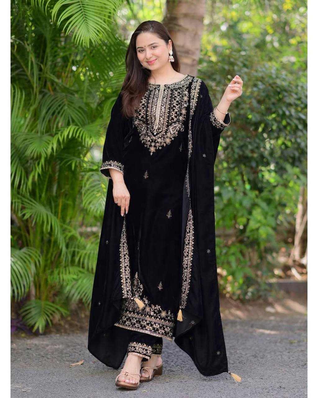 Viscose Velvet Embroidered Sequence Work Kurta Pant & Dupatta - Party Wear
