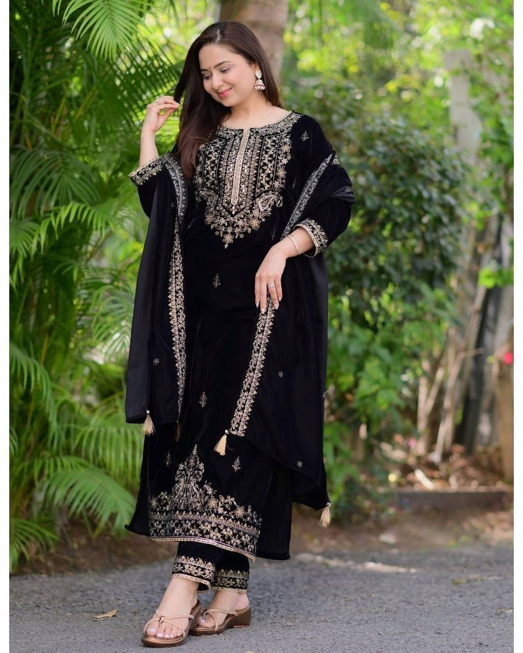 Viscose Velvet Embroidered Sequence Work Kurta Pant & Dupatta - Party Wear