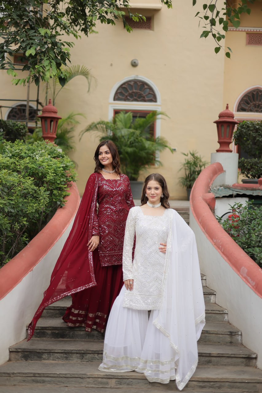 Faux Georgette Sequins & thread Embroidered Sharara Suit -Party Wear