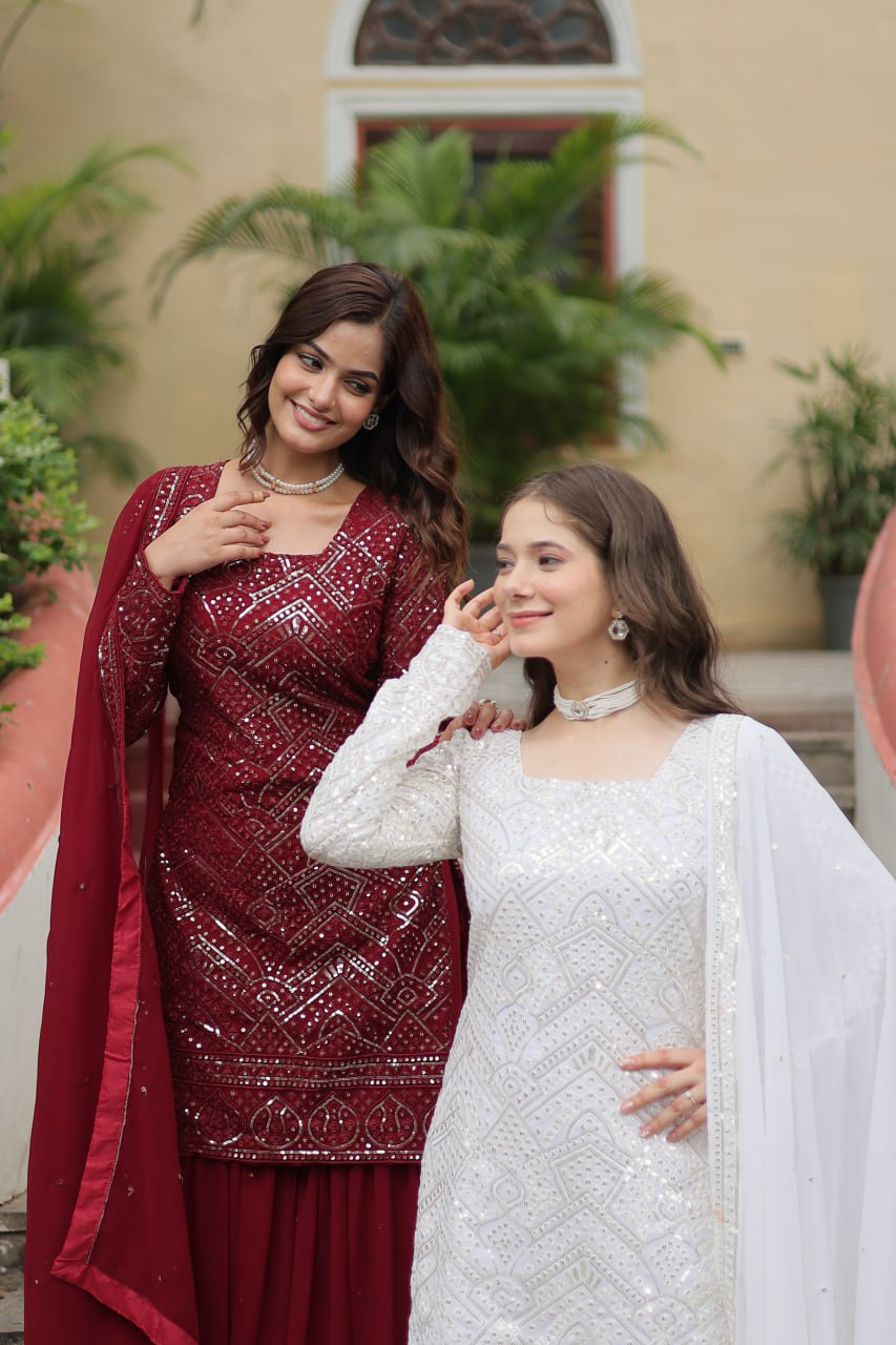 Faux Georgette Sequins & thread Embroidered Sharara Suit -Party Wear