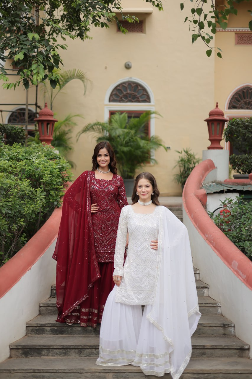 Faux Georgette Sequins & thread Embroidered Sharara Suit -Party Wear