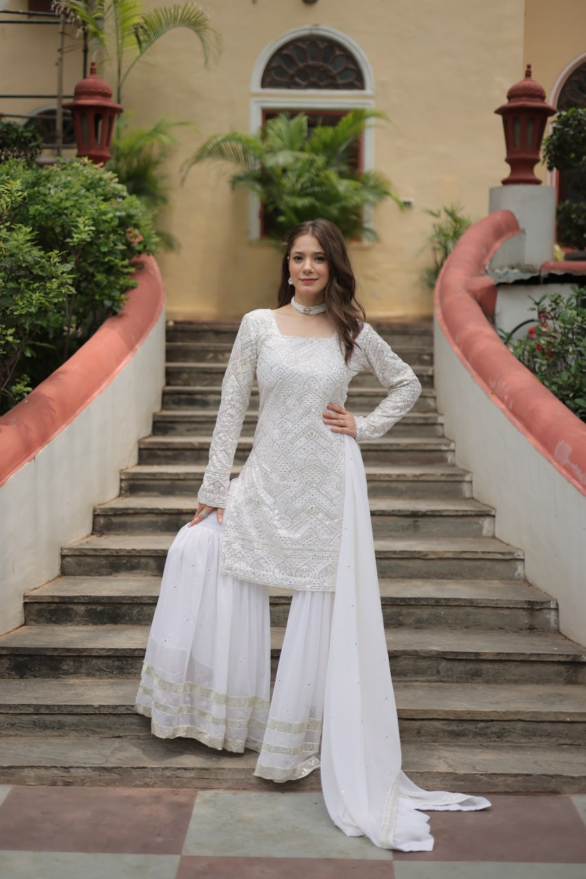 Faux Georgette Sequins & thread Embroidered Sharara Suit -Party Wear