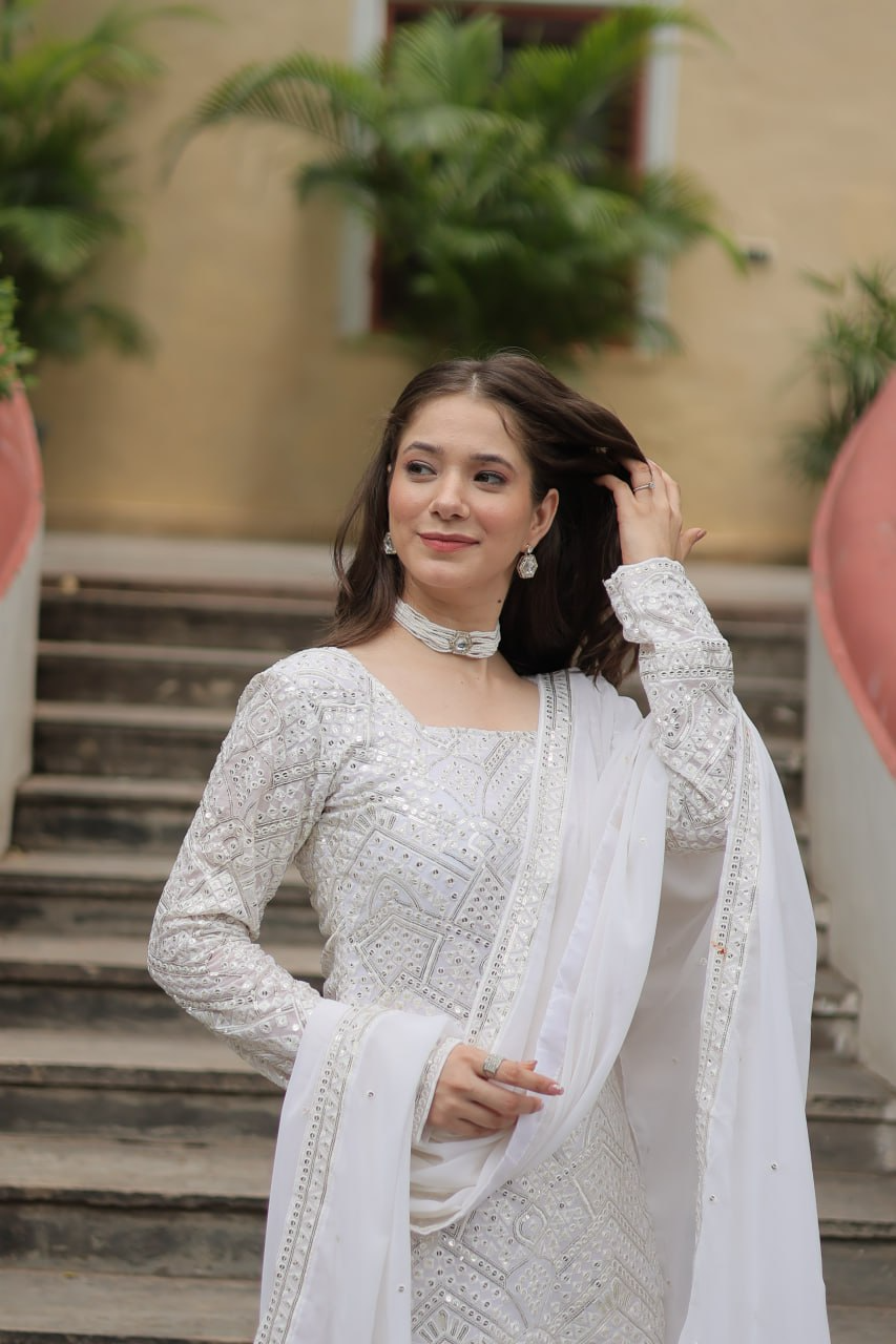 Faux Georgette Sequins & thread Embroidered Sharara Suit -Party Wear