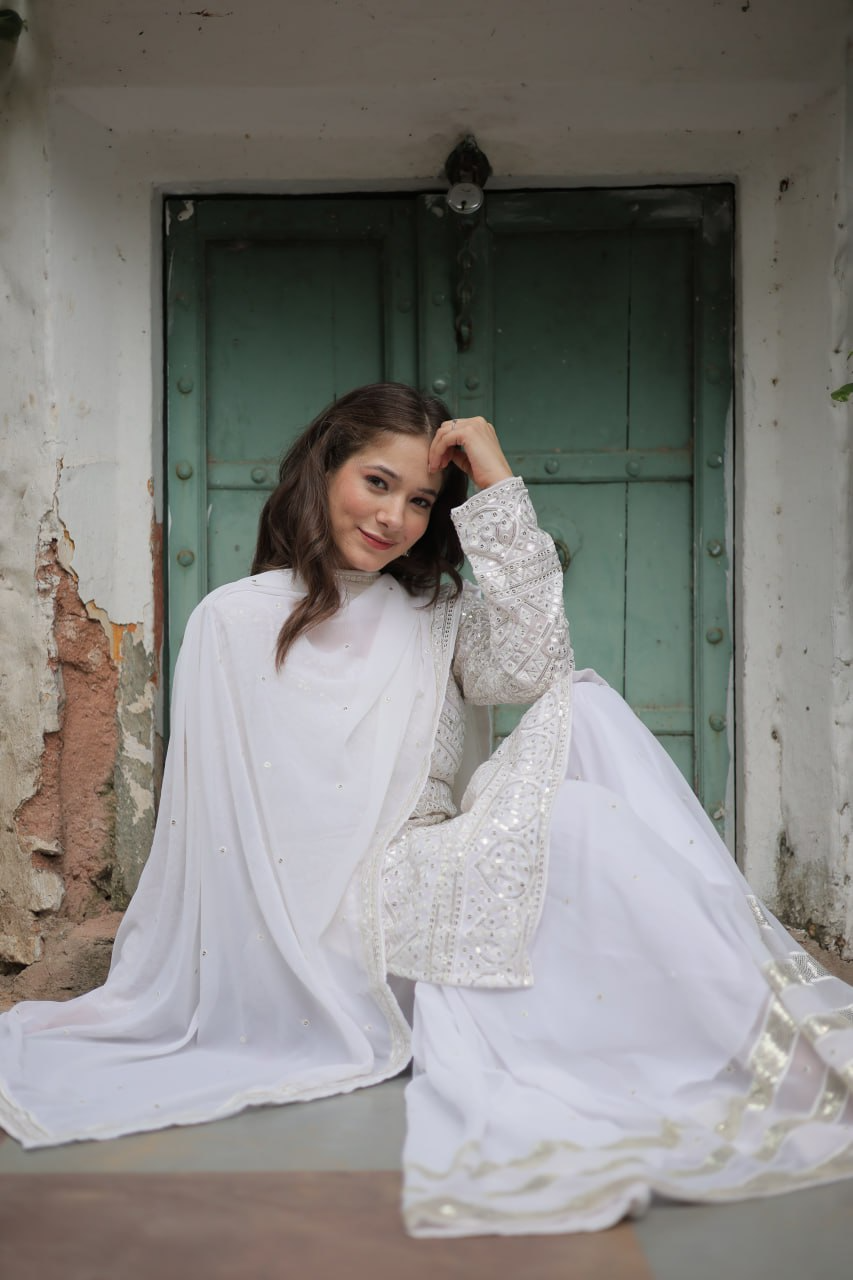 Faux Georgette Sequins & thread Embroidered Sharara Suit -Party Wear