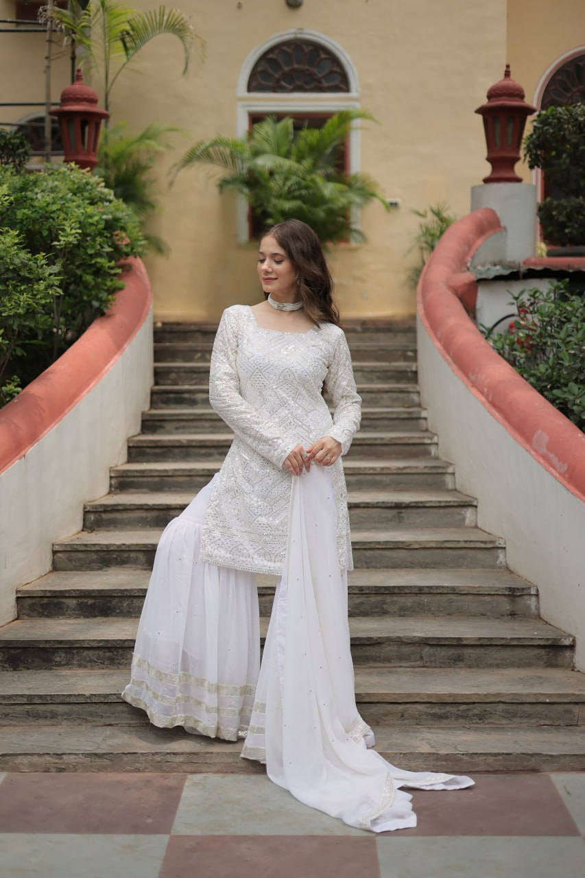 Faux Georgette Sequins & thread Embroidered Sharara Suit -Party Wear