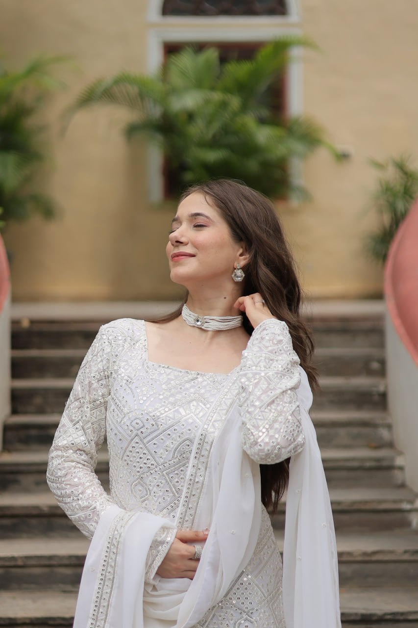 Faux Georgette Sequins & thread Embroidered Sharara Suit -Party Wear