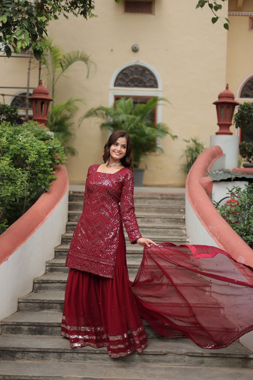 Faux Georgette Sequins & thread Embroidered Sharara Suit -Party Wear
