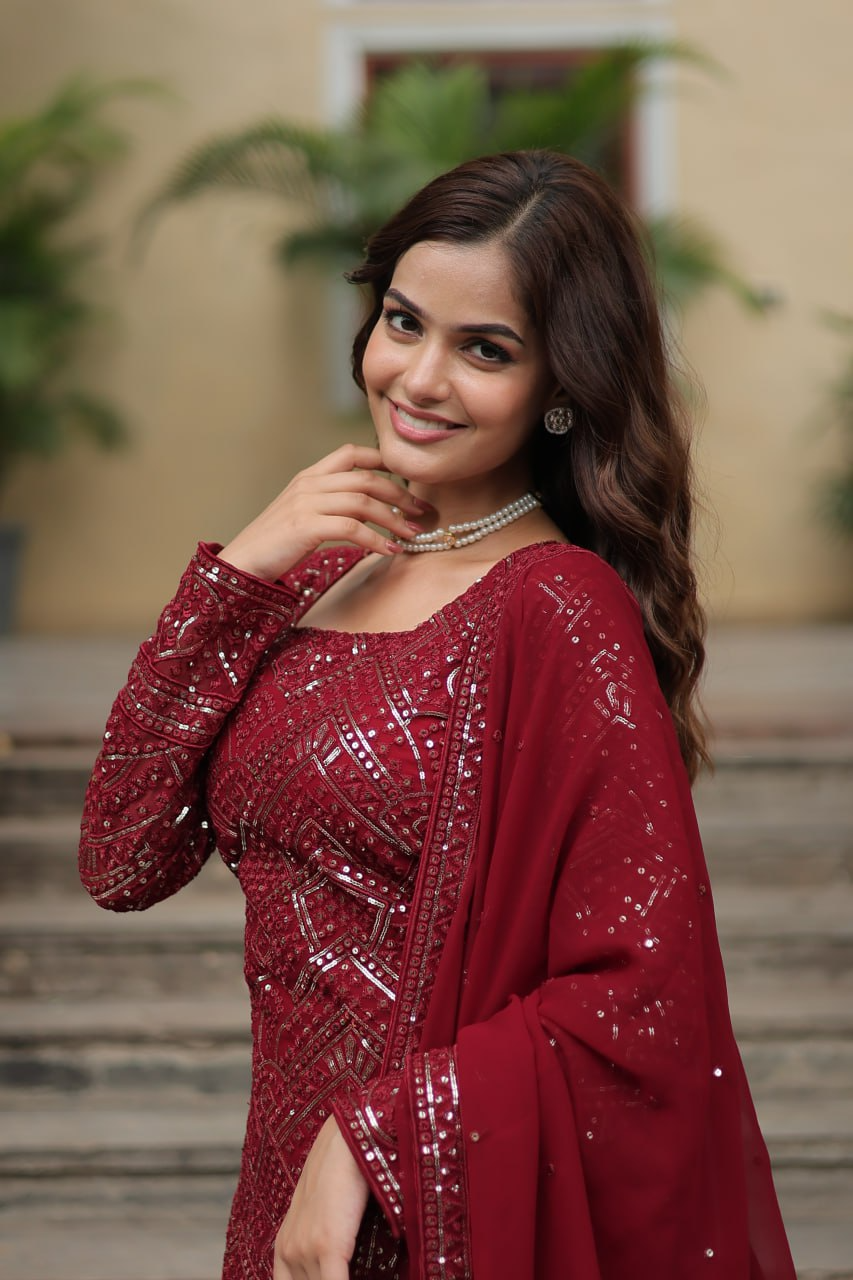 Faux Georgette Sequins & thread Embroidered Sharara Suit -Party Wear
