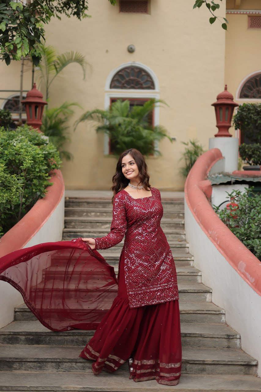 Faux Georgette Sequins & thread Embroidered Sharara Suit -Party Wear