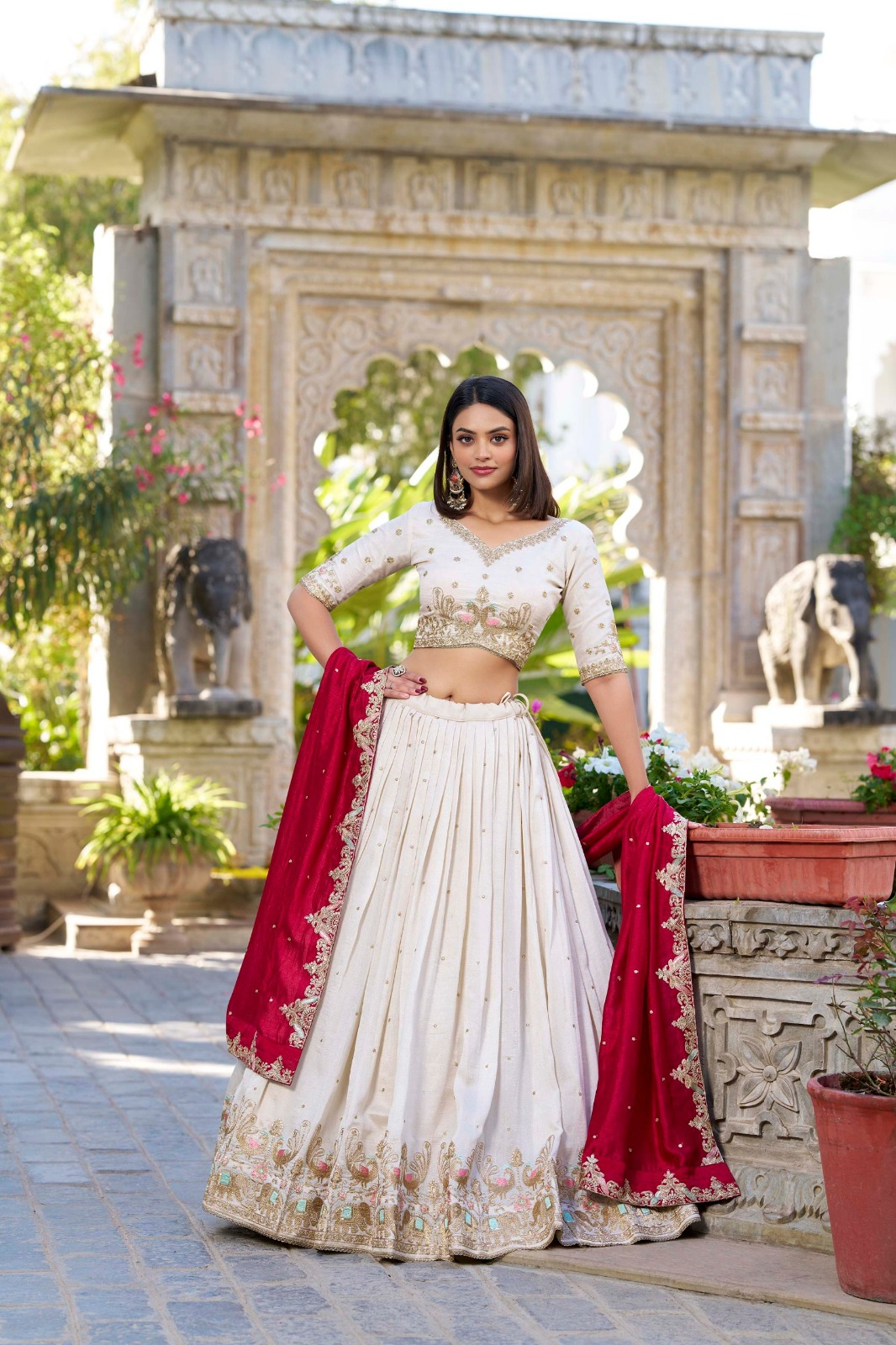 Off-White Vichitra Silk Thread Embroidered Lehenga Choli