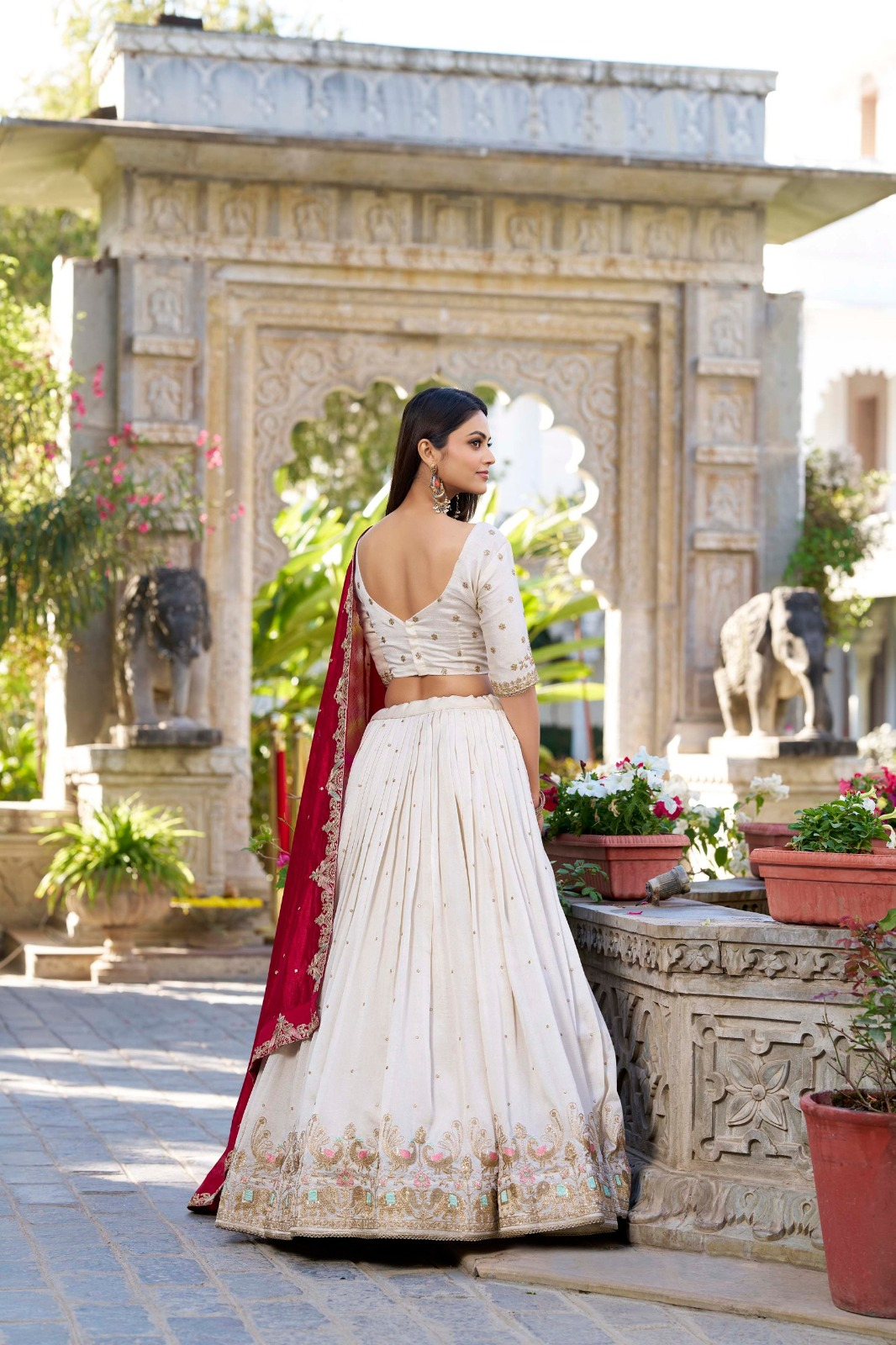 Off-White Vichitra Silk Thread Embroidered Lehenga Choli