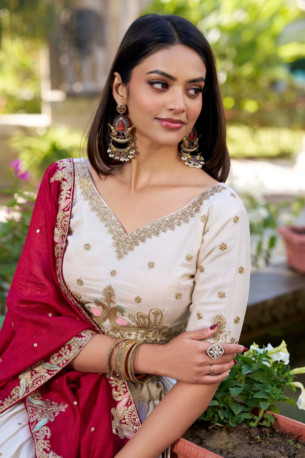Off-White Vichitra Silk Thread Embroidered Lehenga Choli