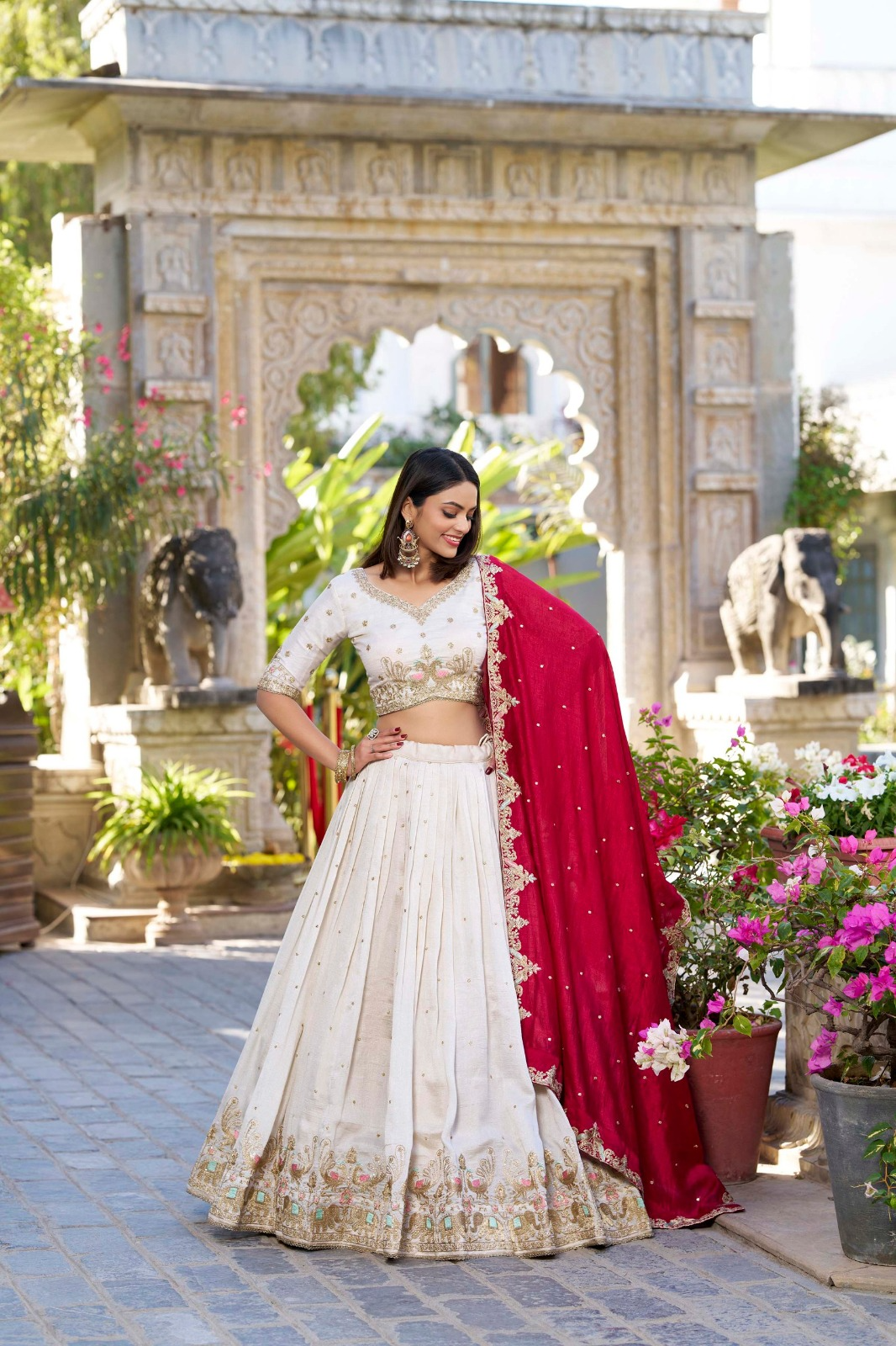 Off-White Vichitra Silk Thread Embroidered Lehenga Choli