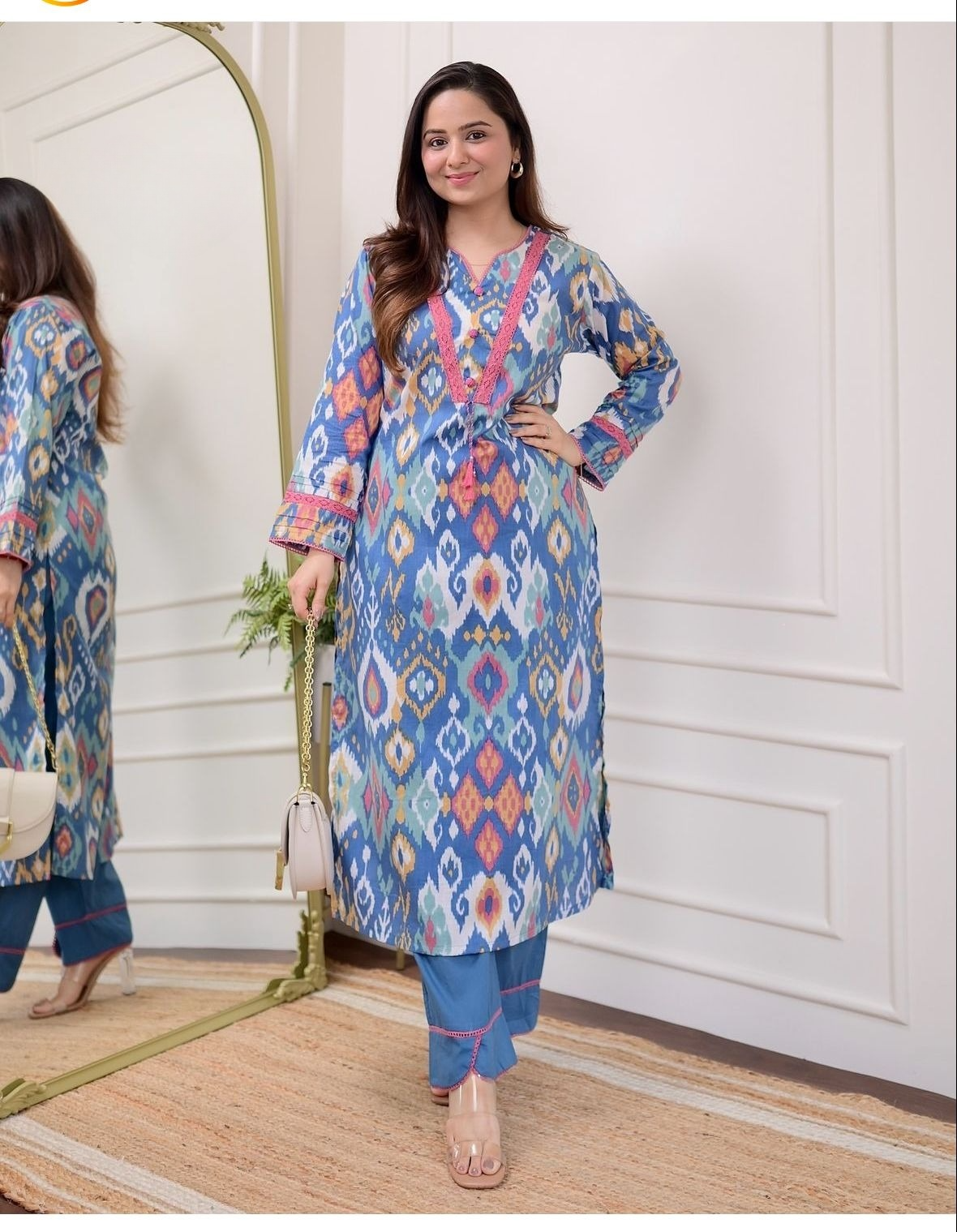 Blue Baroque Lace Cotton Kurta Pant Set