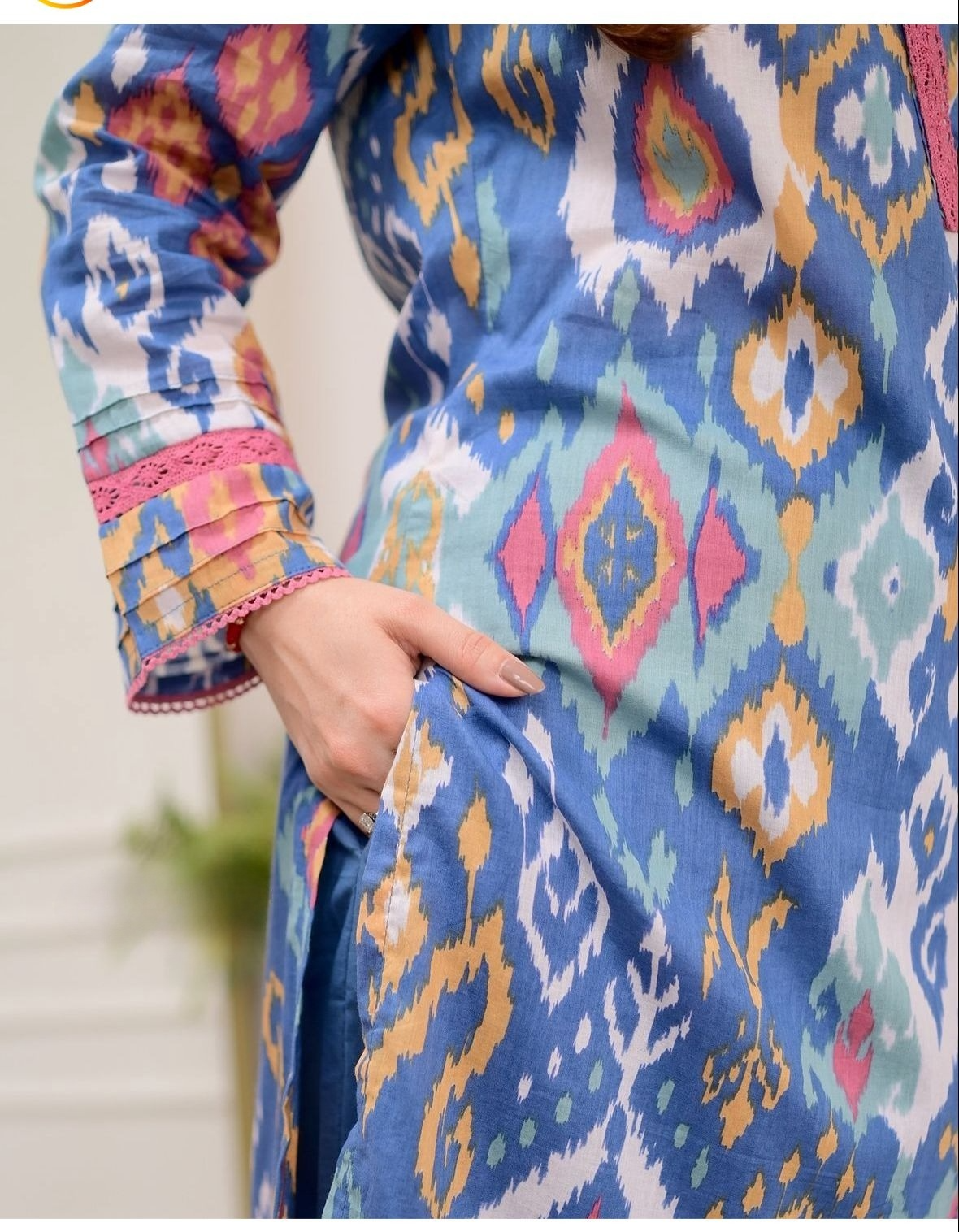Blue Baroque Lace Cotton Kurta Pant Set