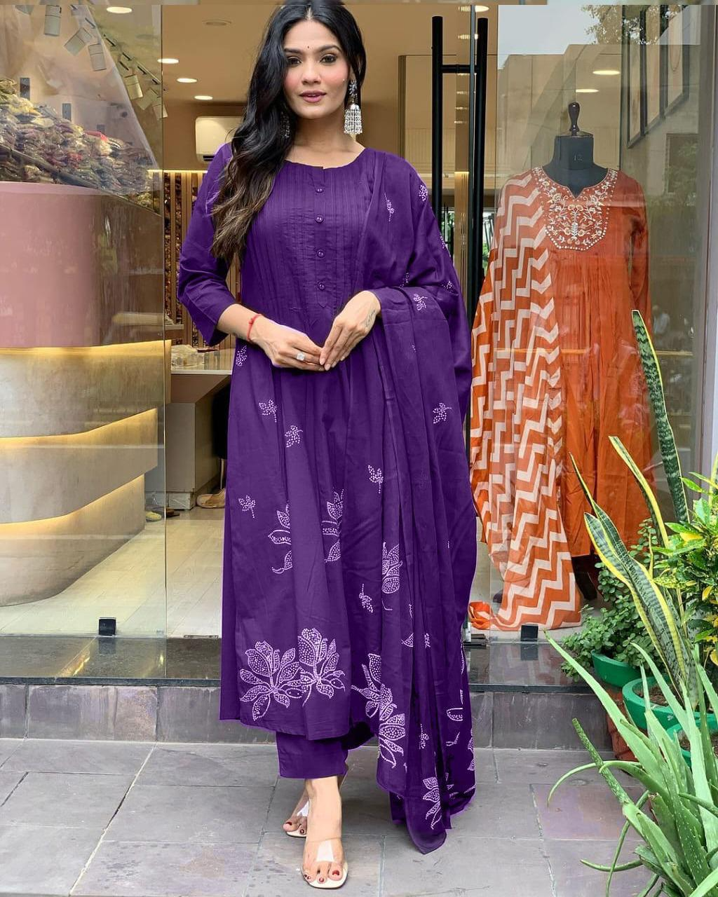 Cotton Printed Pintex Kurta Pant & Dupatta
