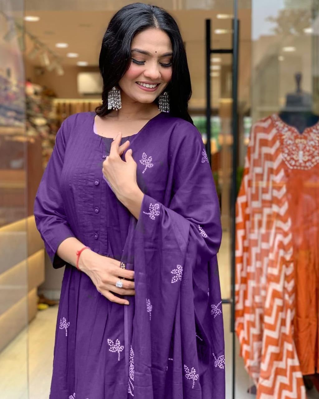 Cotton Printed Pintex Kurta Pant & Dupatta