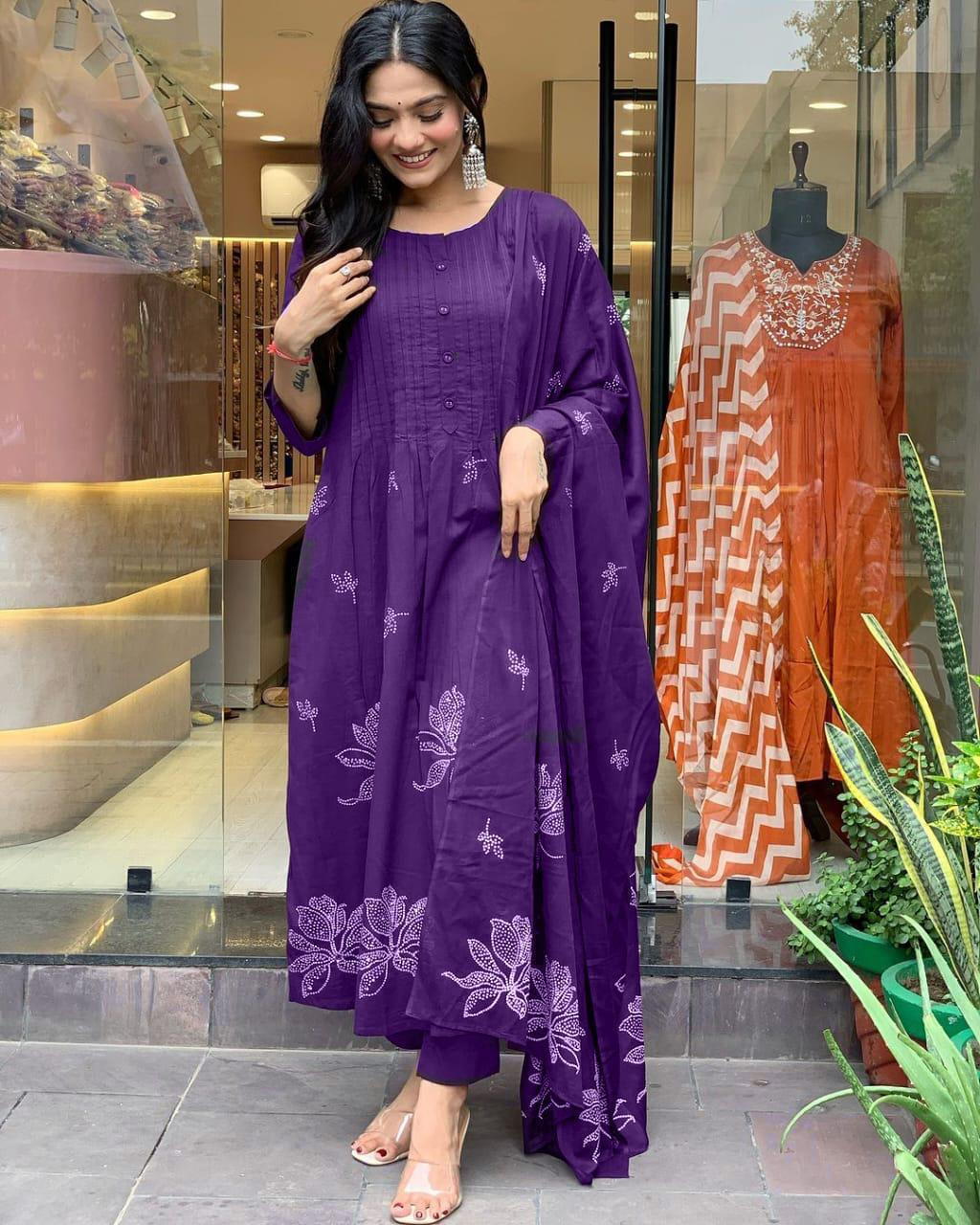 Cotton Printed Pintex Kurta Pant & Dupatta