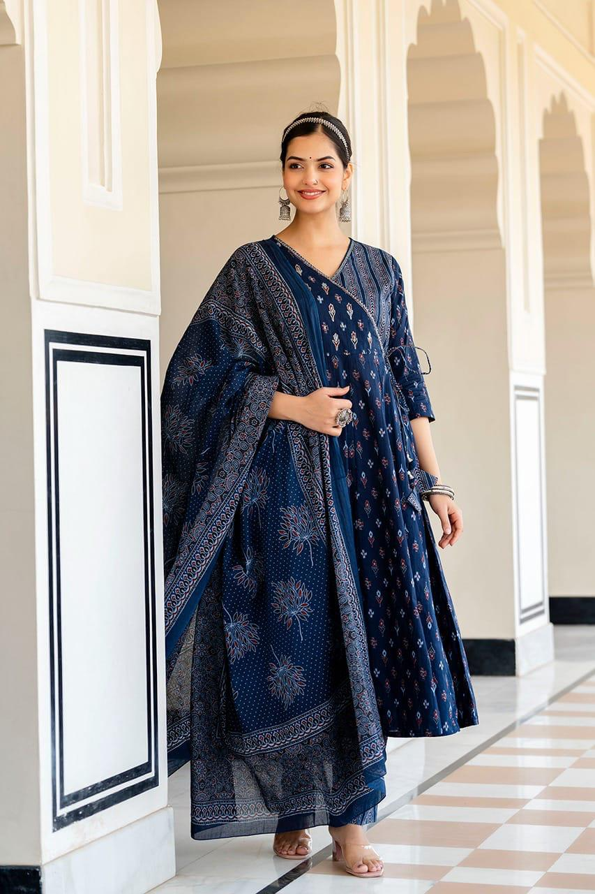 Teal Blue Anagrakha Style Flared Kurta Pant & Malmal Dupatta