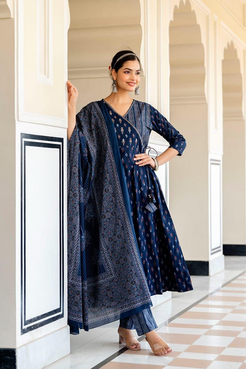 Teal Blue Anagrakha Style Flared Kurta Pant & Malmal Dupatta