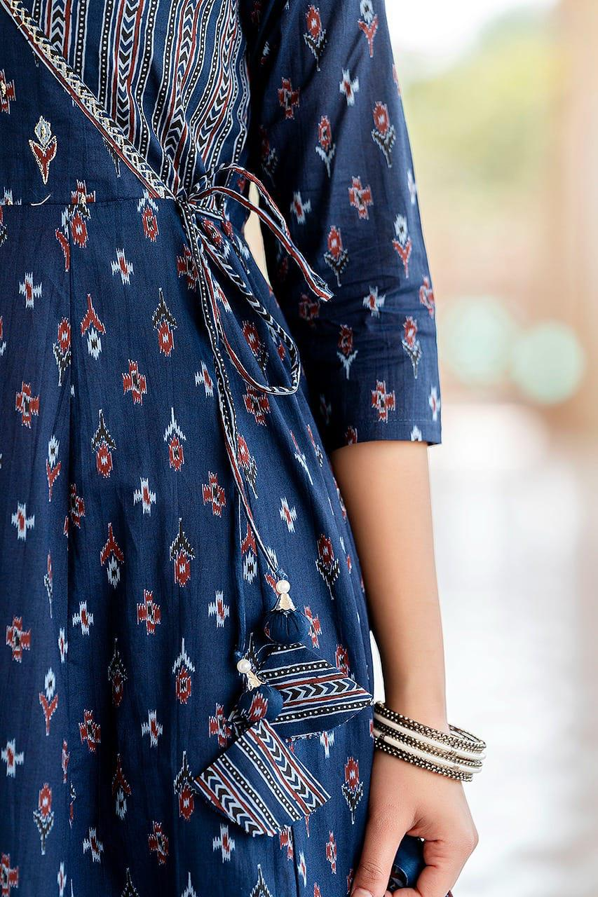 Teal Blue Anagrakha Style Flared Kurta Pant & Malmal Dupatta