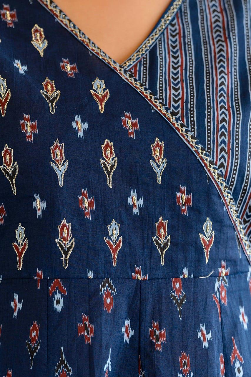 Teal Blue Anagrakha Style Flared Kurta Pant & Malmal Dupatta