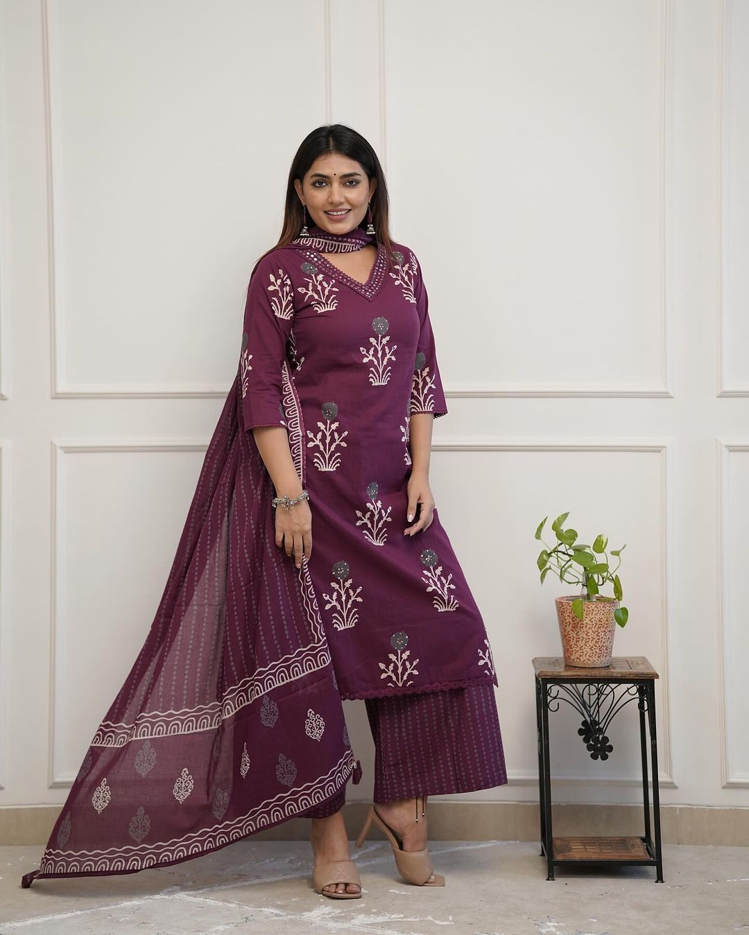 Cotton Printed Straight Kurti Plazzo With Dupatta