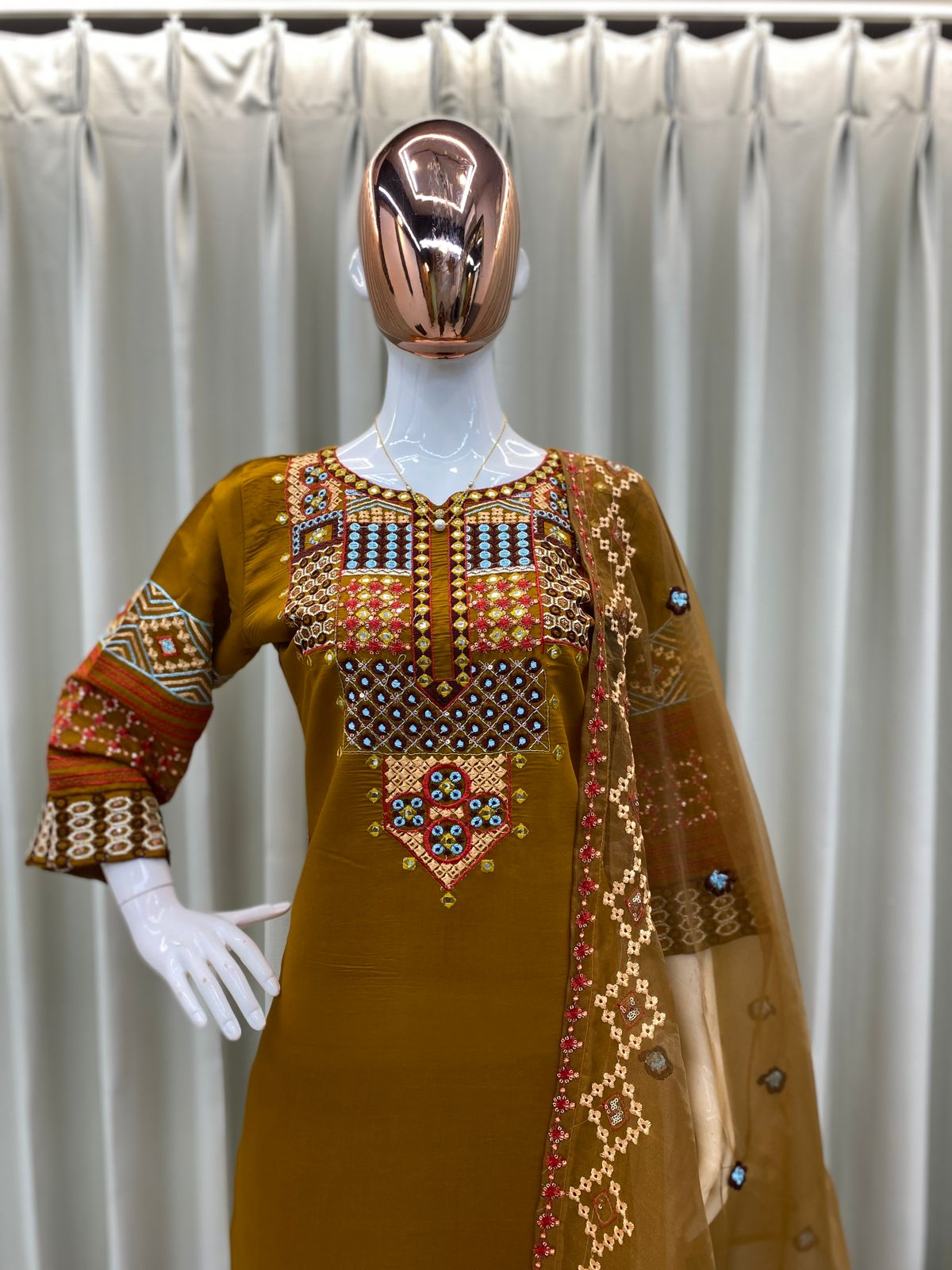 Roman Silk Sequence Embroidered Work Kurta Pant With Dupatta