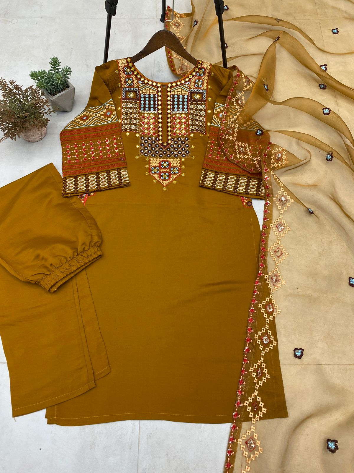 Roman Silk Sequence Embroidered Work Kurta Pant With Dupatta