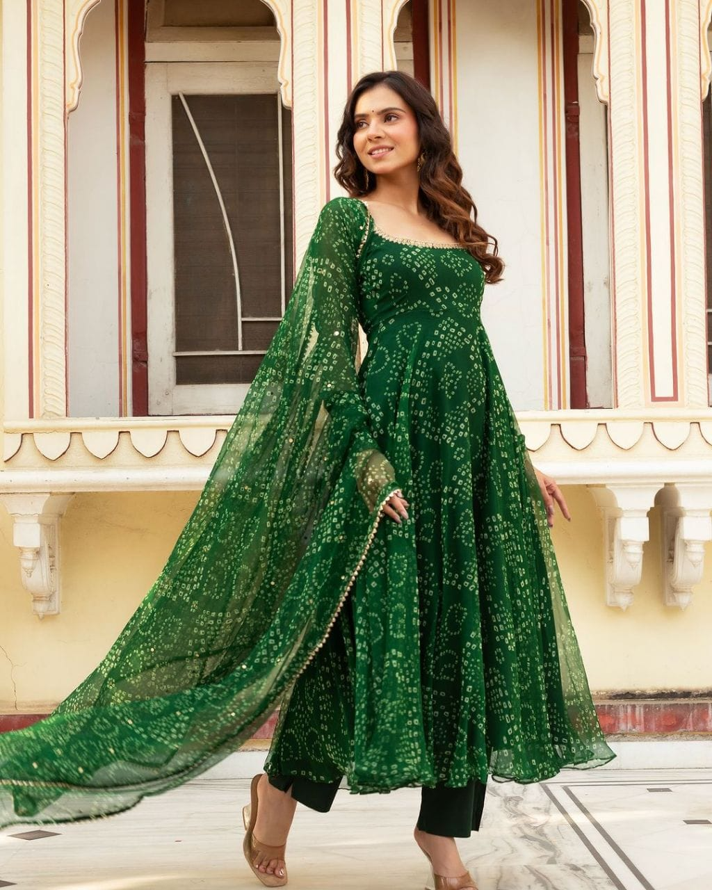 Green Bandhani Printed Anarkali Suit
