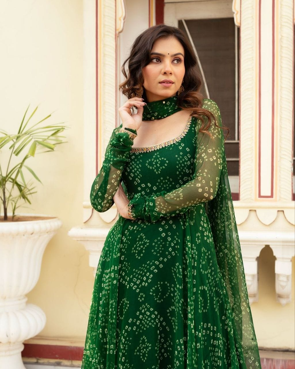 Green Bandhani Printed Anarkali Suit