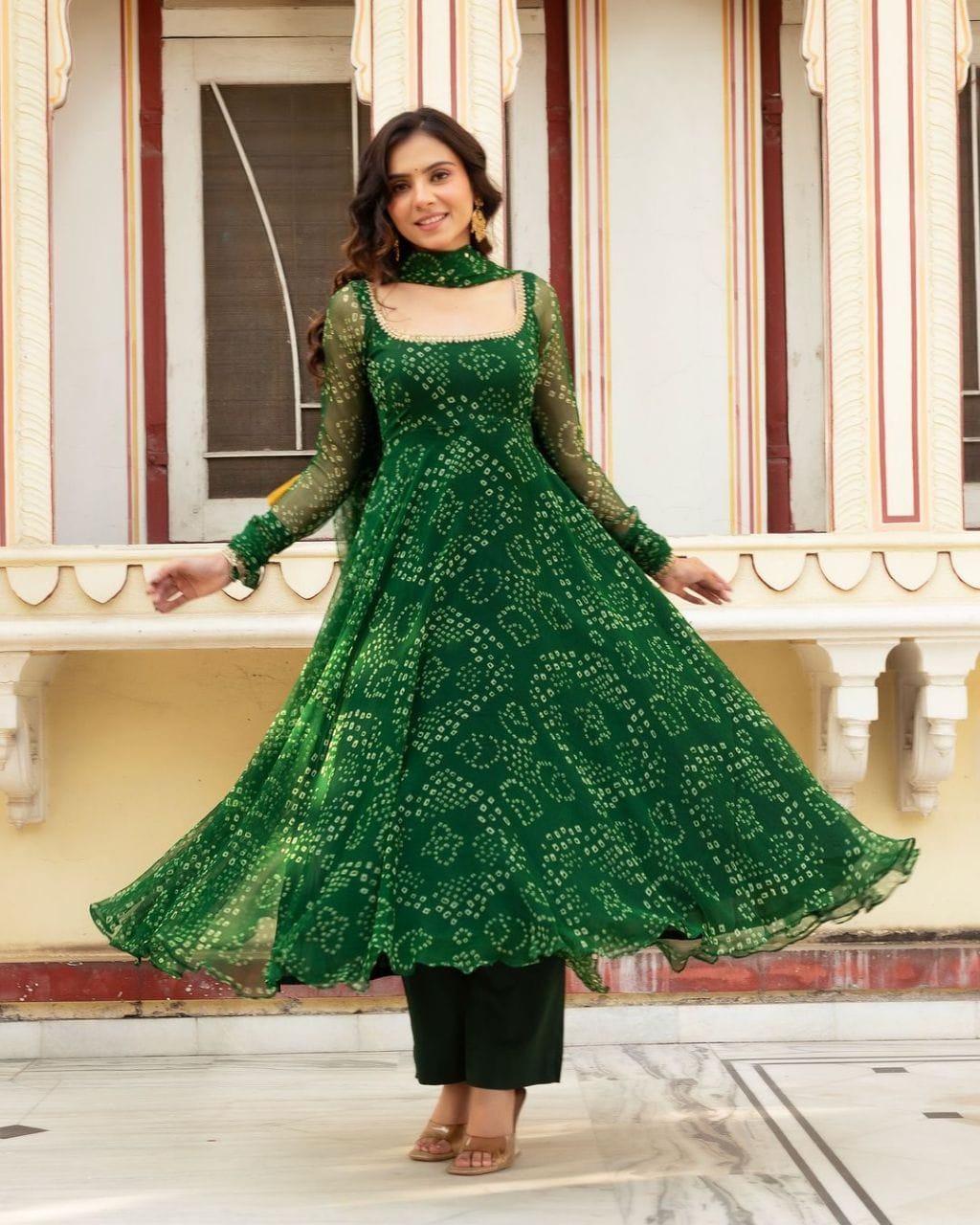 Green Bandhani Printed Anarkali Suit