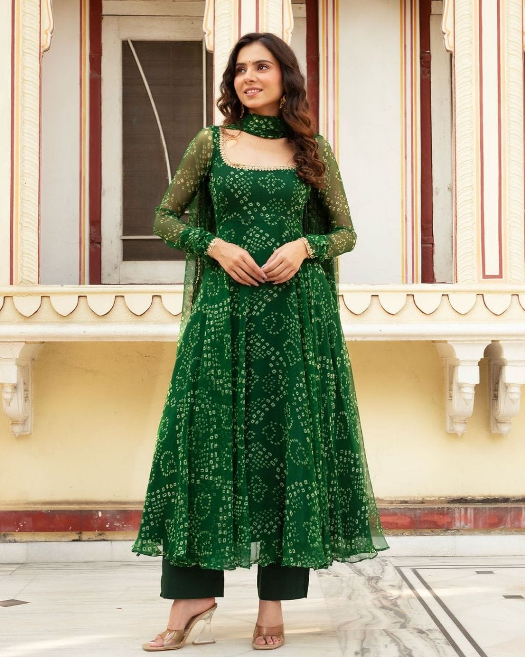 Green Bandhani Printed Anarkali Suit