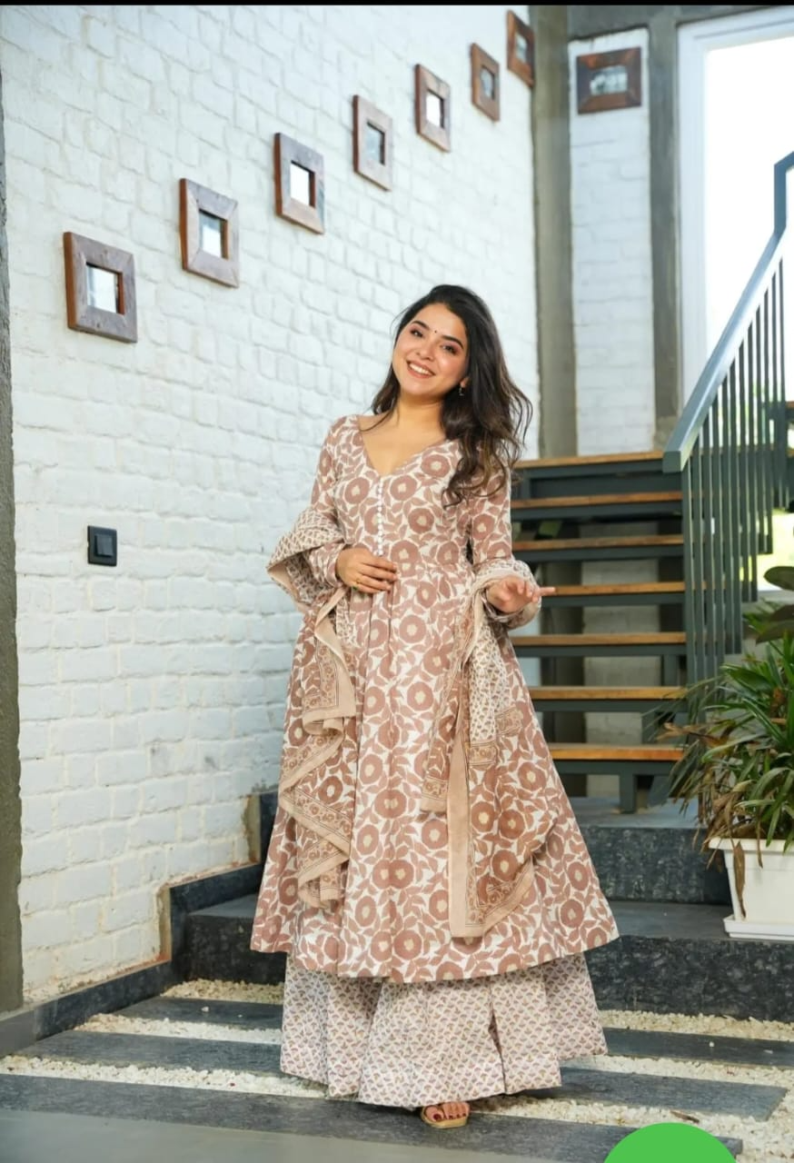 Brown Cotton Printed Embroideried Anarkalli Suit