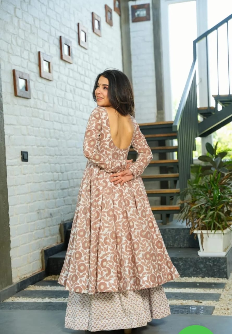 Brown Cotton Printed Embroideried Anarkalli Suit