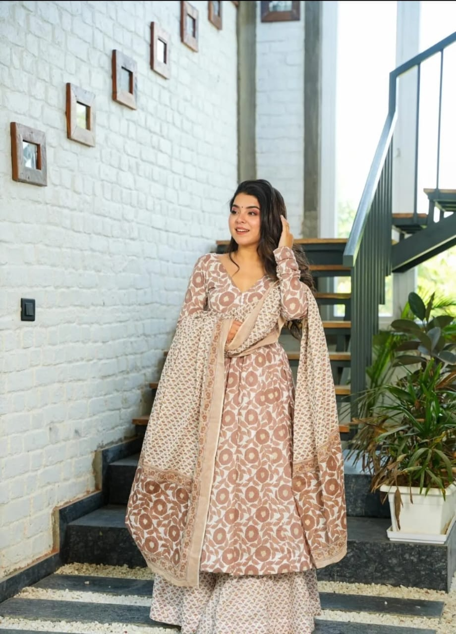 Brown Cotton Printed Embroideried Anarkalli Suit
